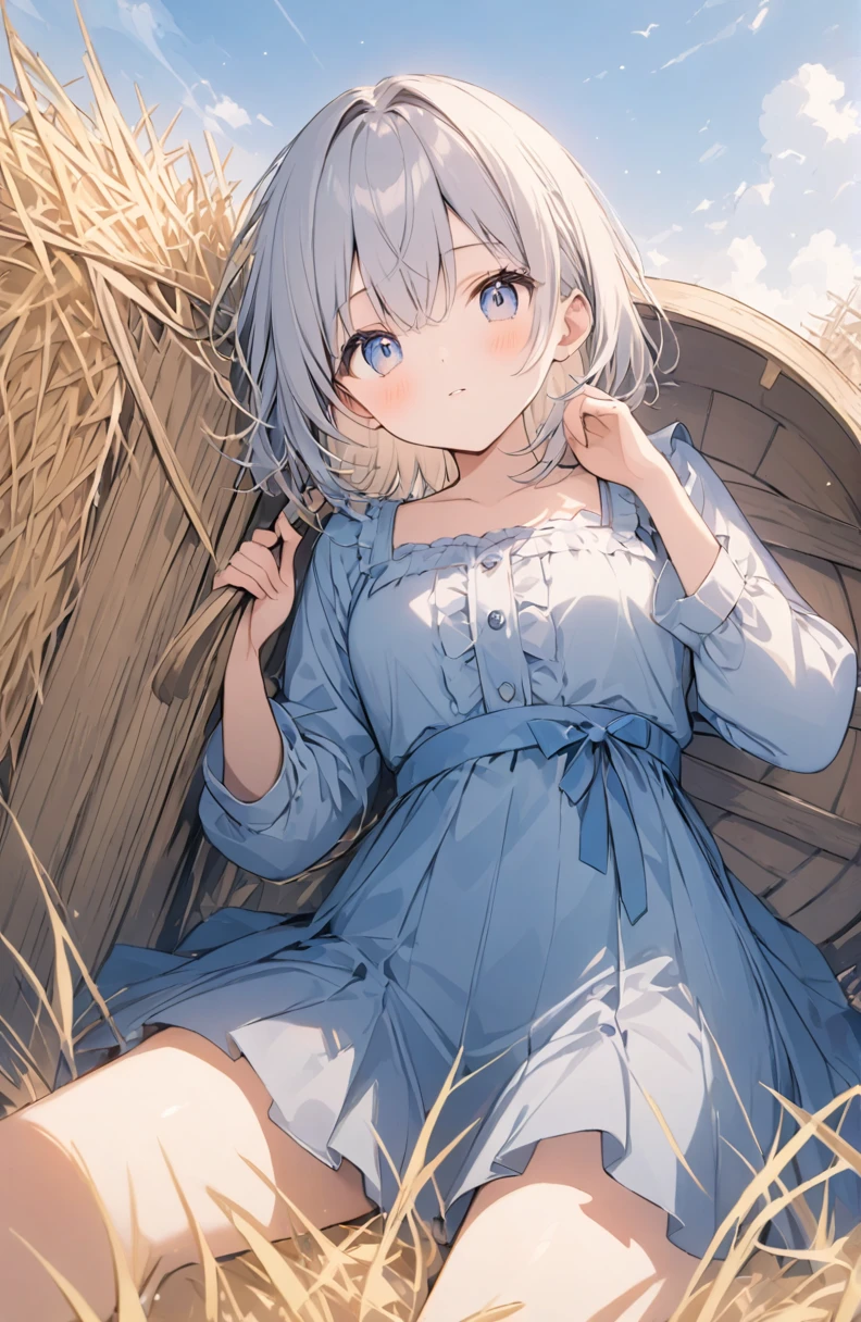 Very detailed、Very absurd、超High resolution, Attention to detail, high quality, High resolution, 最high quality, 4K, 8K,Background of a wagon loaded with straw、Girl lying on straw