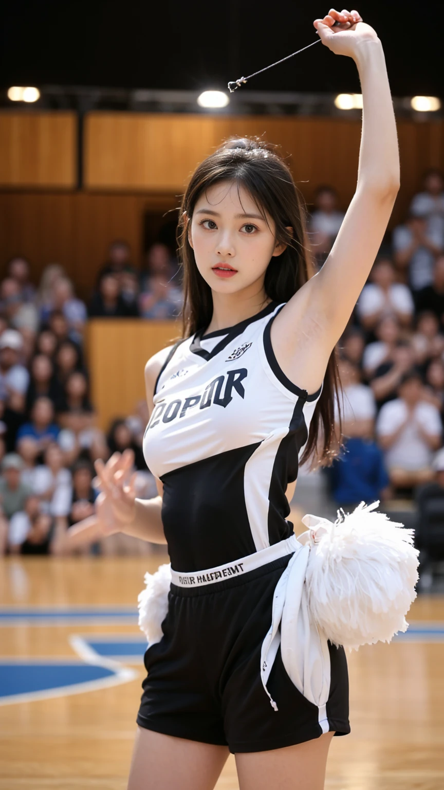 Tabletop, Highest quality, figure, Super detailed, In detail, High resolution, 8K壁紙, Perfect dynamic composition, Beautiful attention to detail, Cheerleader ,naked, ((Flip up clothes)), Cheer Dance, Natural color lip,1 person,cute, Sensual look, Highly detailed face, Highly detailed lips, Fine grain, double eyelid, Top Quality, 4K, High Resolution, Masterpiece:1.2, Highly Detailed,(Front:1.9),(Realistic, Realistic, Graphic:1.6), Overflowing Breasts (w/oh good) (small beautiful hard nipples),Big Tits: 2.0,, Drooping Breasts,8K,Low Angle Shot,Crisp,Film Lighting,(Very Detailed),(Written Border Depth:1.5)