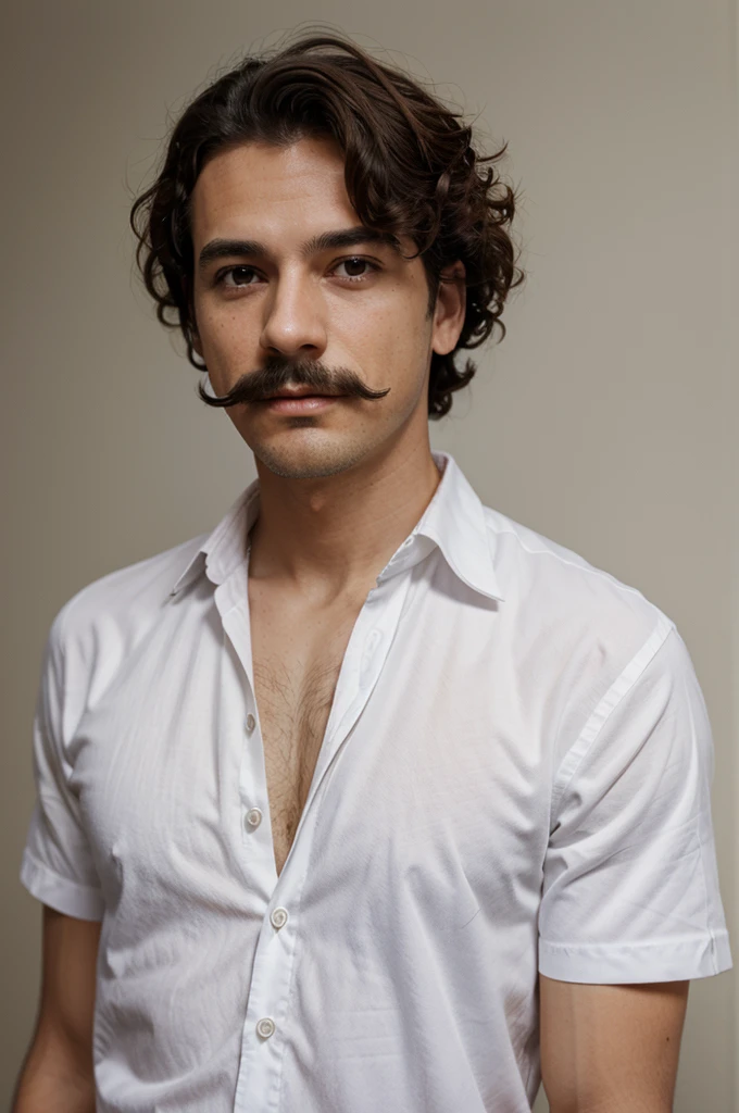 A man in a white shirt with a thin mustache and curly hair