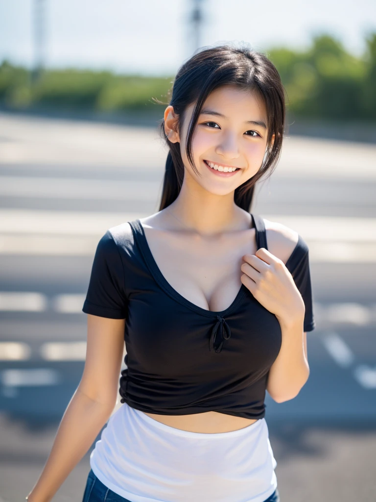 8K,masterpiece,Japanese,,from the front,smile,cute,Innocent face,Innocent,Kind eyes,Childish,Plain T-shirt,Short sleeve,Shorts,semi-long,Hair blowing in the wind,Black Hair,Somewhat strong wind,noon,bright,M-shaped feet, (Large Breasts:1.2),(Emphasize the chest)