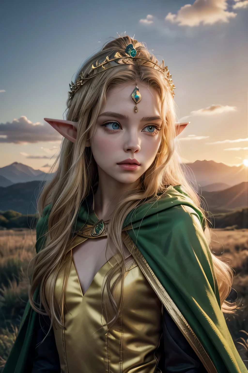 an elf warrior woman, Long wavy blonde hair, greeneyes, green and gold cloak, small tiara on the forehead, beautiful landscape in the background, sunset