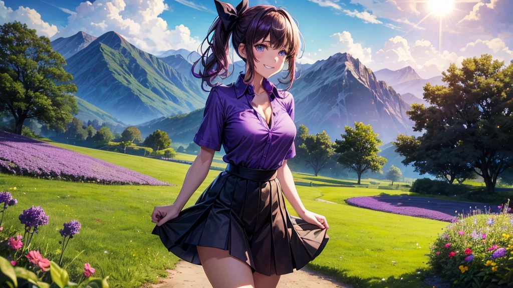 1girl, solo, full body, summer, village, trees, sun, clouds, mountains, fantasy world, colorful hair, side ponytail, large breasts, button down, dark blue eyes, ((purple shirt)), ((unbuttoned shirt)), ((short sleeved shirt)), cleavage 1:3, black skirt, brown shoes, grin, looking at the viewer, standing, hair ribbon