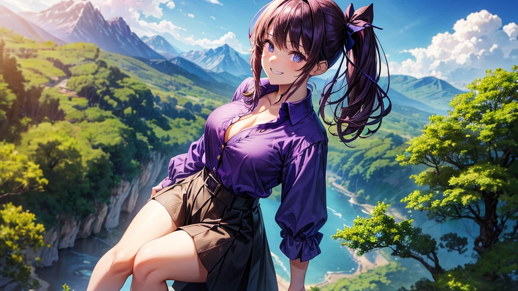((masterpiece)), (best quality:1.7), (detailed:1.4), (high res:1.4), 8k, (colorful:1.5), high resolution, sharped image, 4k, hd, (beautiful detailed background:1.2), (beautiful lighting:1.2), (highly detailed:1.2), perfect lighting, (8k wallpaper:1.2), (highly detailed:1.2), (extremely detailed CG:1.2), ((1girl)), solo, sumeragi_satsuki, long hair, wavy hair, ((ponytail)), purple hair, purple eyes, ((blue bow)), (((hair blue bow))), hair bow, clevage, white crop top, denim shorts, short shorts, bare thighs, big thighs, jewelry, castle, blue sky, sky, ((cowboy shot)), ((blush)), (smile), ((grass)), ((outdoors)), (curvy body), (blush), (borrowed), (embarrassed), (scared)
