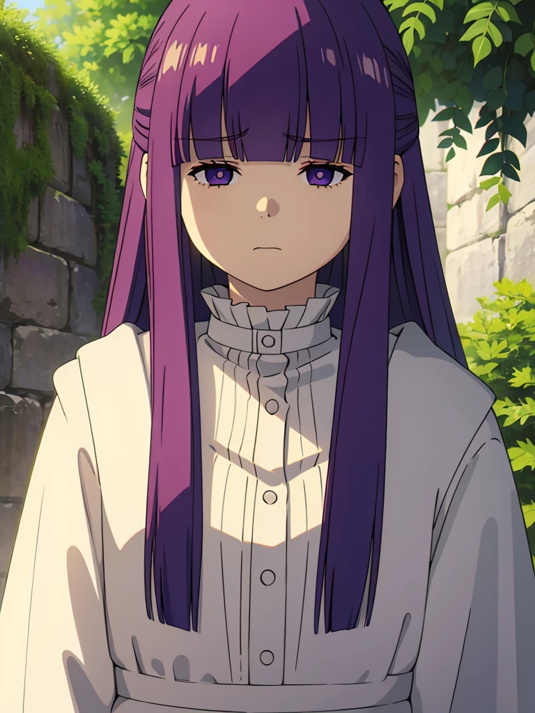 1girl,fern,fern_clothes,glare,upper_body,(looking at viewer:1.1),half-closed eyes,shaded face,angry,closed_mouth,outdoors,despise,