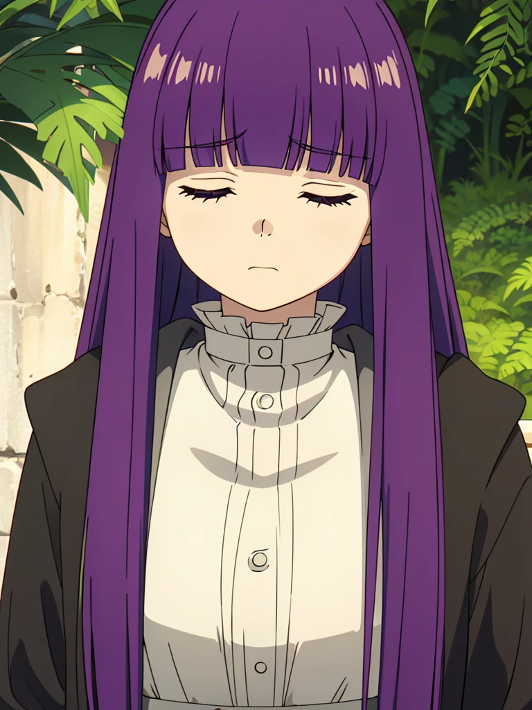 1girl,fern,fern_clothes,glare,upper_body,(looking at viewer:1.1),half-closed eyes,shaded face,angry,closed_mouth,outdoors,despise,