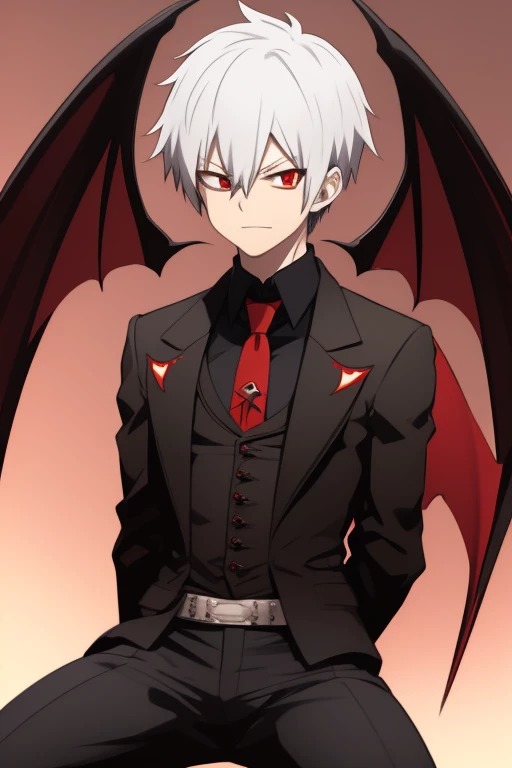 Shoto Todoroki from My Hero Academia, Vampire, incubus, red eyes and white hair, bat wings, black clothes, black steampunk pants, red shirt, black vest, pale skin. Looking straight at the viewer