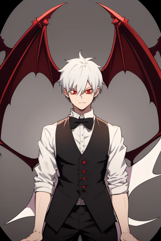 Shoto Todoroki from My Hero Academia, Vampire, incubus, red eyes and white hair, bat wings, black clothes, black steampunk pants, red shirt, black vest, pale skin. Looking straight at the viewer
