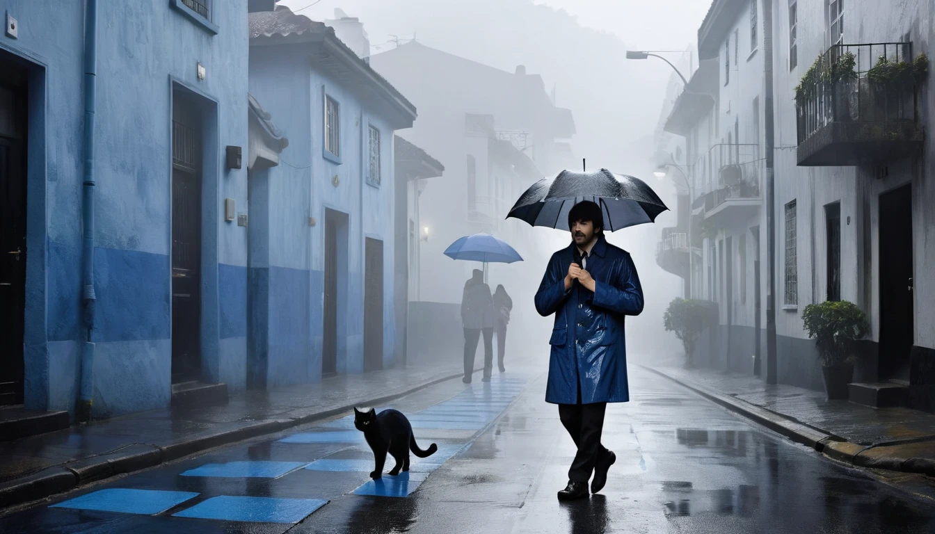 cover of the Beatles' Abbey Road album;; Create an afternoon scene on a dark street inspired by the streets of Rio de Janeiro. the street tiles are wet and fog hangs in the air. The street is deserted, only one man stands out in the landscape. A man wears blue warm clothes and black hair. A walking white cat on the wall of one of the houses. A wall with the image of a beautiful woman (the scene needs to have a noir atmosphere)