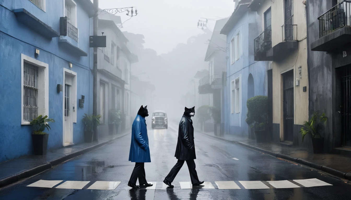 cover of the Beatles' Abbey Road album;; Create an afternoon scene on a dark street inspired by the streets of Rio de Janeiro. the street tiles are wet and fog hangs in the air. The street is deserted, only one man stands out in the landscape. A man wears blue warm clothes and black hair. A walking white cat on the wall of one of the houses. A wall with the image of a beautiful woman (the scene needs to have a noir atmosphere)