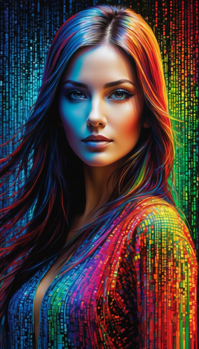 A vibrant canvas illuminated by a waterfall of colorful binary code, forming the silhouette of a captivating young woman, The dynamic lines and patterns, reminiscent of a digital dance, a harmonious fusion of technology and art, The binary code, in shades ranging from electric blues to radiant reds and vivid greens, gives life to the woman&#39;s form, Its silhouette emerges as a synthesis of the digital and the organic., a testament to the seamless integration of technology and beauty in his masterful creation, Hyperrealistic photography style., high detailed, dynamic, kinetic, cinematographic, UHD, 16k, ((((full body shot)))))