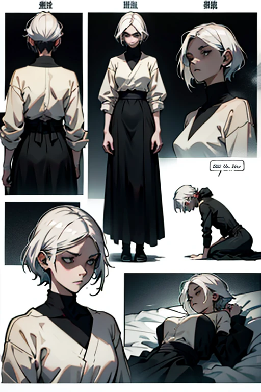 Girl with short white hair small and really skinny, feeling extremely sick, detailed illness, coughing blood, fainting , throwing up, bloody, wearing long black dress, running, manga page with panels and dialogue    