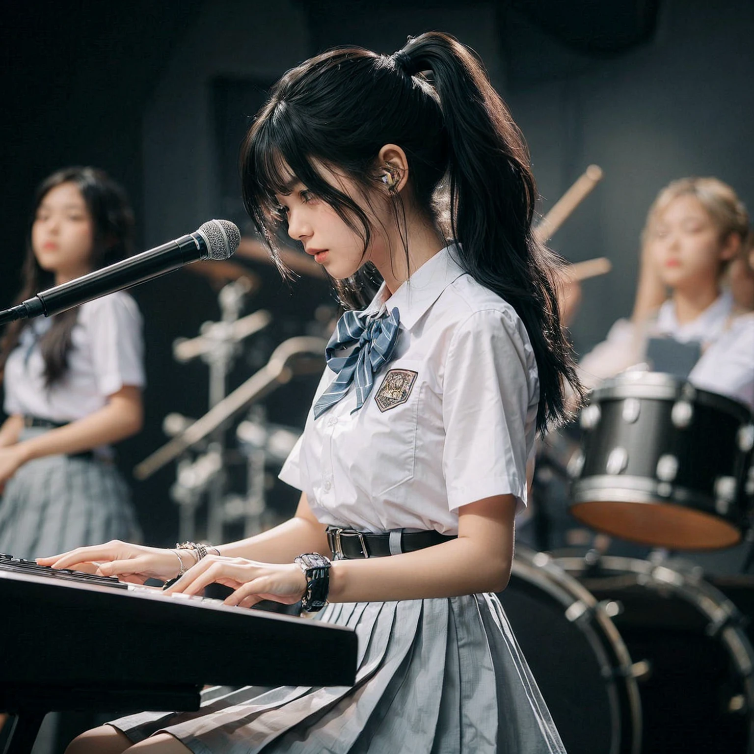 A beautiful Indonesian girl, 18 years old, tall, fair-skinned, black ponytail hairstyle, playing a keyboard piano, performing on a high school stage in Surabaya city, background of a girl playing drums, wearing an Indonesian high , white shirt, belt, and gray skirt, jumping around, headbanging, masterpiece, realistic image, HD, 4k, detailed face, detailed eyes, facing the audience
