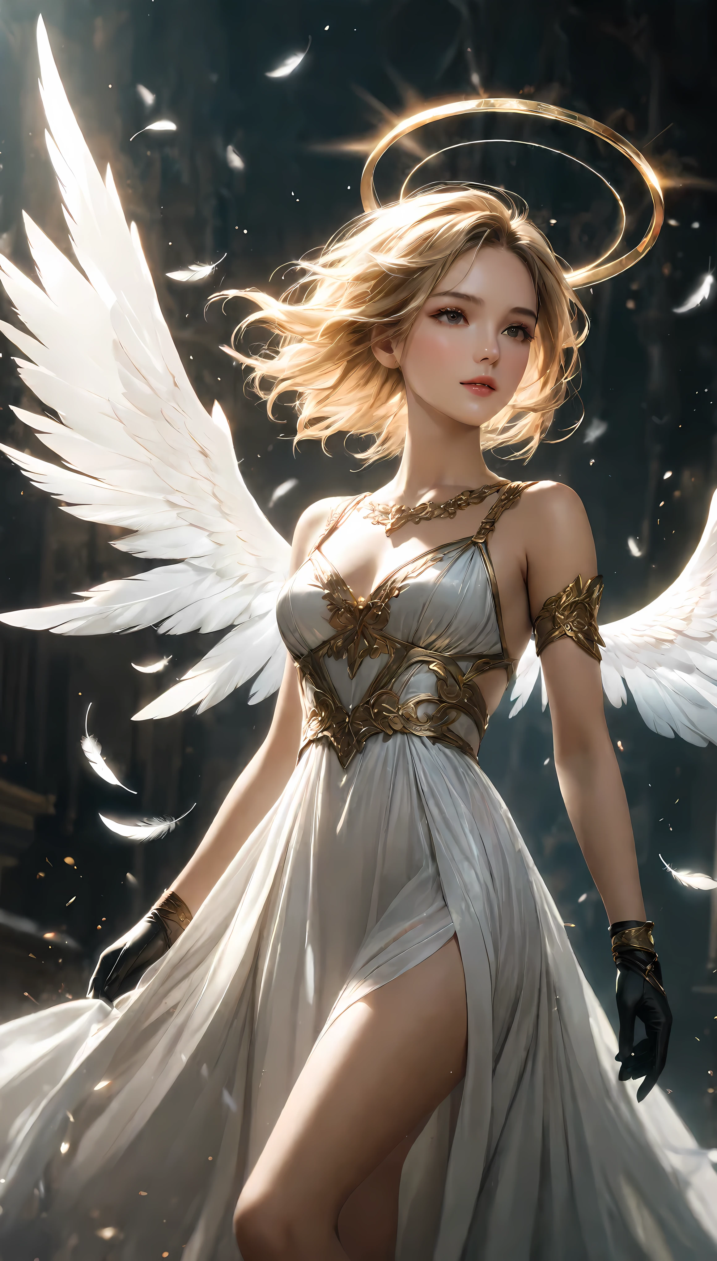 ((Masterpiece in maximum 16K resolution):1.6),((soft_color_photograpy:)1.5), ((Ultra-Detailed):1.4),((Movie-like still images and dynamic angles):1.3). | (cinematic photo of an Female Angel descending from the heaven), (Blonde Supermodel Beauty), (focus on the wings), (cinematic lens), (majestic sky with heavenly light), (tyndall effect), (floating feathers), (angelic halo), (luminous object), (female hand gloves), (Serene atmosphere), (shimmer), (aesthetic angelic accesories), (visual experience),(Realism), (Realistic),award-winning graphics, dark shot, film grain, extremely detailed, Digital Art, rtx, Unreal Engine, scene concept anti glare effect, All captured with sharp focus. | Rendered in ultra-high definition with UHD and retina quality, this masterpiece ensures anatomical correctness and textured skin with super detail. With a focus on high quality and accuracy, this award-winning portrayal captures every nuance in stunning 16k resolution, immersing viewers in its lifelike depiction. | ((perfect_composition, perfect_design, perfect_layout, perfect_detail, ultra_detailed)), ((enhance_all, fix_everything)), More Detail, Enhance.