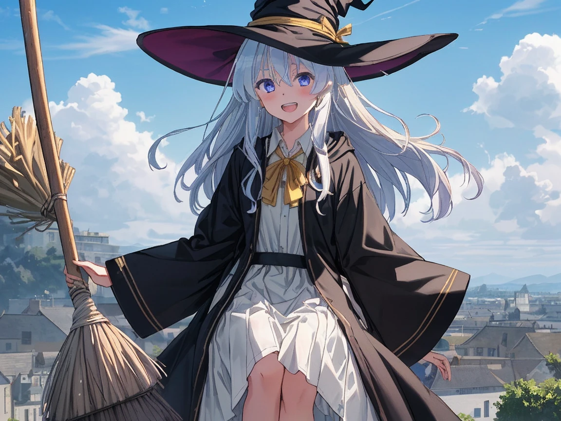 masterpiece, (realistic, photo realistic:1.2), ((highest quality), extremely fine and beautiful, beautiful face details, real human skin, realistic, photorealistic, full body, elaina (majo no tabitabi), solo, witch hat, long hair, black headwear, blue eyes, collared shirt, hair between eyes, white shirt, ribbon, yellow ribbon, bangs, upper teeth only, teeth, neck ribbon, bow, witch, open clothes, blush, hood, yellow bow, jewelry, floating hair, yellow bowtie, shiny hair, bowtie, black robe, wing collar, open robe, purple eyes, dress shirt, Flying in the sky, (Ride a broom:1.3), blue sky, cloud, Sun light, wind