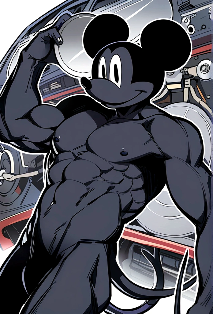 Mickey Mouse plays a mechanic who repairs cars, Perfect body, Perfect Head,  hard disk, Anthropomorphic, Black fur body, Toned body, Firm Abdomen, mouse tail, ,  all over the body