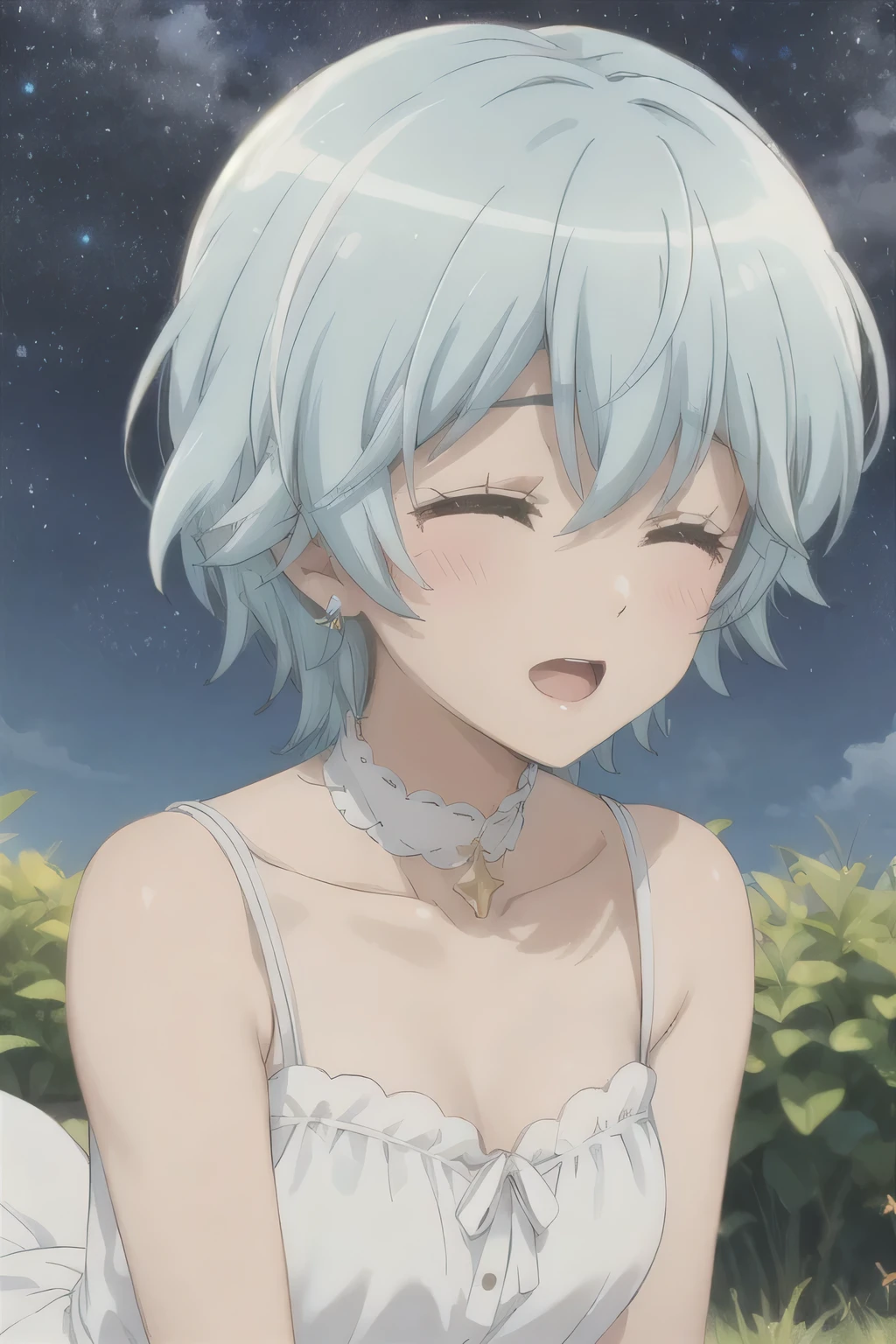Park meadow,White Dress,A good girl,Acting cute,Blue Hair,Sing with your eyes closed,Starry Sky