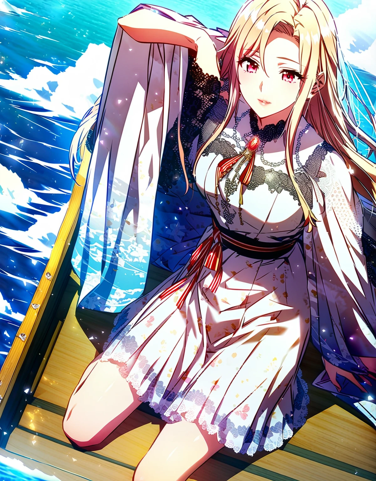 (超detailedなイラスト:1.2),Very delicate and beautiful,非常にdetailed,CG,Unity,8k wallpaper,wonderful,detailed,masterpiece,The best quality in the best condition,Official Art,非常にdetailed CG 8k Unbelievably ridiculous resolution,Beautiful and exquisite,High resolution,非常にdetailedな目と顔,Anime girl sitting on a boat in the middle of the ocean, Beautiful fantasy anime,