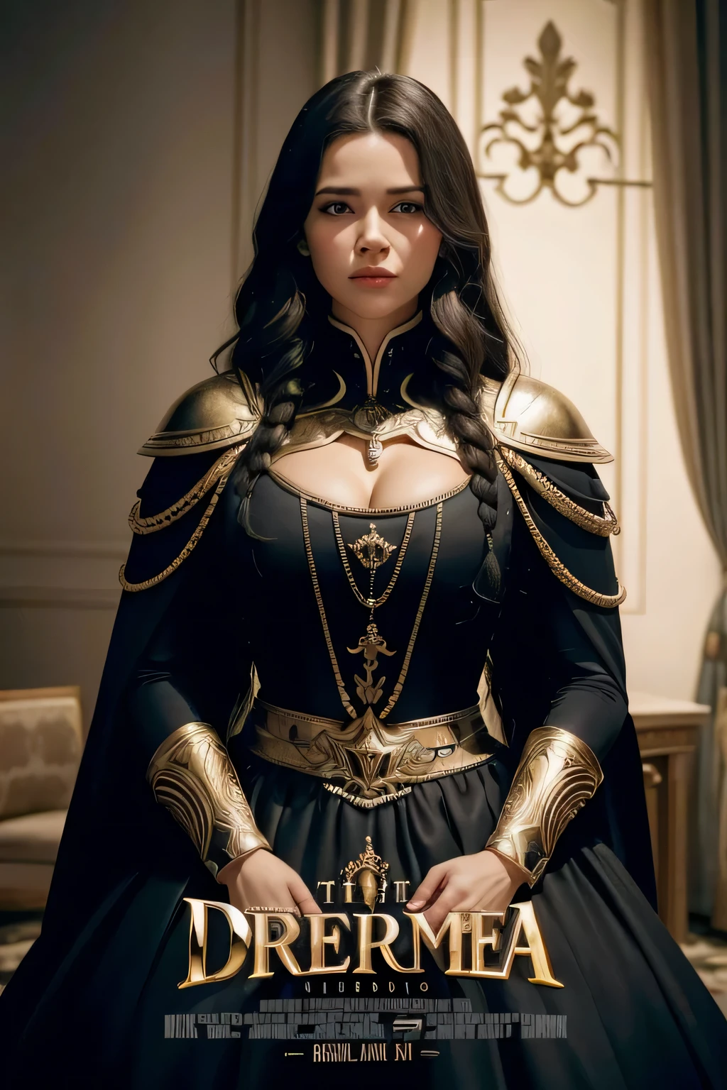Beautiful woman ((angry)),  (((frowned eyebrows))), petite, high detailed face, ((ceremonial armor)), medieval army, [giddy], (ornamental armor with gold trim),  ((cleavage)), shouldpads, (crimson cloak), ((burning village background)), full body, red cape, (dark hair),  clenched jaw, fantasy, fantasy art, intricate, highly detailed portrait, digital painting, concept art, smooth, sharp focus, illustration