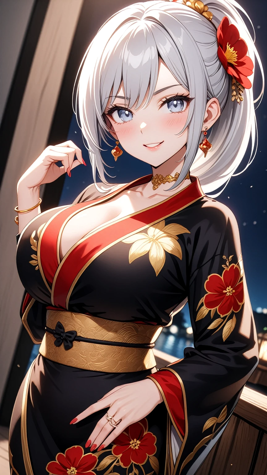 ((One personの女性)), Beautiful Face, (Laughing embarrassedly), (smirk:1.4), ((Wink:1.8)), (head tilt:1.3), Laugh with your mouth wide open, upper teeth, looking at viewer, (Doing sexy poses), ((Bright red cheeks:1.4)), Glossy Red Lips, night,Terrace with sea view, firework, Glossy red lips, Shining Face, ((Anime style background)),masterpiece, Highest quality, so beautiful,up to date, Complex details, (Pink long nails), (nail art), (ring),(bracelet),(Floral choker),AI-generated, Complex,High resolution, Highest quality, super high quality,3D Images、3D Images,One person,Long white hair,High Ponytail, Anime woman posing for a photo, (blue eyes:1.2), ((Fine grain、Light silvery white eyes、Shining Eyes:1.3)), (Squint your eyes:1.1),a hyperRealistic , hyperRealistic , Realistic,Anime woman with long white hair, Smooth anime CG art, (A woman in a colorful kimono with gold embroidery), (Black long sleeve kimono),Red floral pattern,Long flower hair ornament,Earrings,Mature Body,(Big Breasts:1.1),Tall,Abdominal muscles,Tight waist, (face focus:1.1), (dutch angle:1.3),