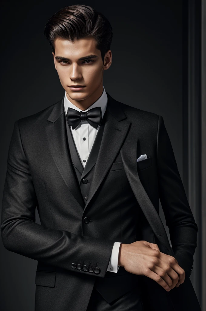 Concepr ar of classy man, extravagant black suit and coat, 20 yo, handsome, detailed face, looking at camera, portrait, 8k uhd, high quality