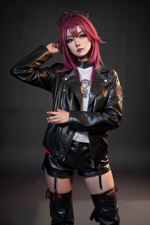 Yaya Myko Genshin, in leather clothes, in a windbreaker, leather jacket, in ankle boots, Goth, rocker in all black stylish rocker art 3D realistic Yaya Miko