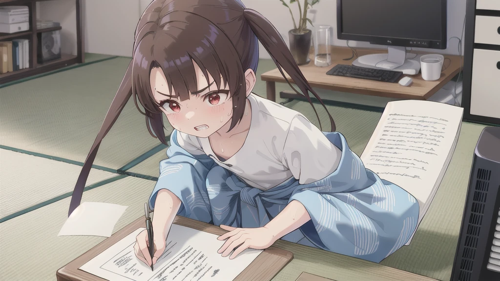 Dilapidated and dark Japanese-style room,blue sky,cloud,On the tatami_Leaning forward while sitting upright,Near your desktop PC,indoor,1 Girl, 独奏, Red eyes, Twin tails, brown hair,crawling,((顔 focus)),upper body,White shirt,Blue denim pants, bangs, eyebrows visible through hair, Flat Chest,Look Down,teeth ,annoyed,panicking,((Write on loose-leaf paper with a pen)),((Sweat)),