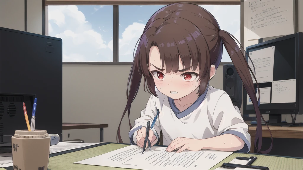 Dilapidated and dark Japanese-style room,blue sky,cloud,On the tatami_Leaning forward while sitting upright,((Near your desktop PC)),Large amount of cables,mechanical,indoor,1 Girl, 独奏, Red eyes, Twin tails, brown hair,crawling,((顔 focus)),upper body,White shirt,Blue denim pants, bangs, eyebrows visible through hair, Flat Chest,Look Down,teeth ,annoyed,panicking,((Write on loose-leaf paper with a pen)),((Sweat)),