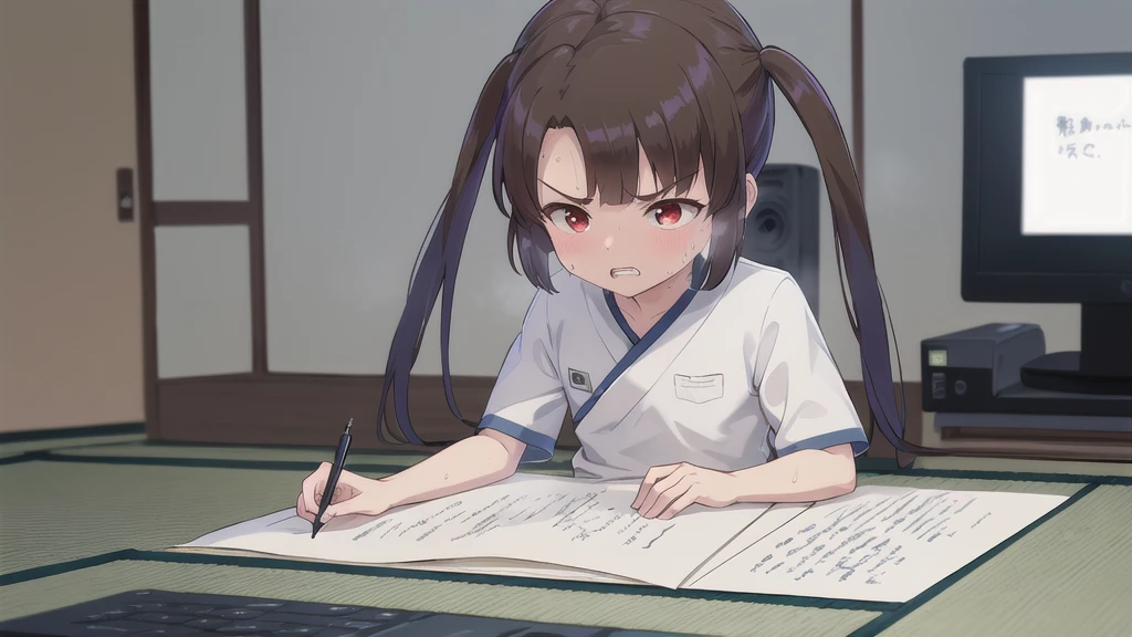 Dilapidated and dark Japanese-style room,blue sky,cloud,On the tatami_Leaning forward while sitting upright,((Near your desktop PC)),Large amount of cables,mechanical,indoor,1 Girl, 独奏, Red eyes, Twin tails, brown hair,crawling,((顔 focus)),upper body,White shirt,Blue denim pants, bangs, eyebrows visible through hair, Flat Chest,Look Down,teeth ,annoyed,panicking,((Write on loose-leaf paper with a pen)),((Sweat)),