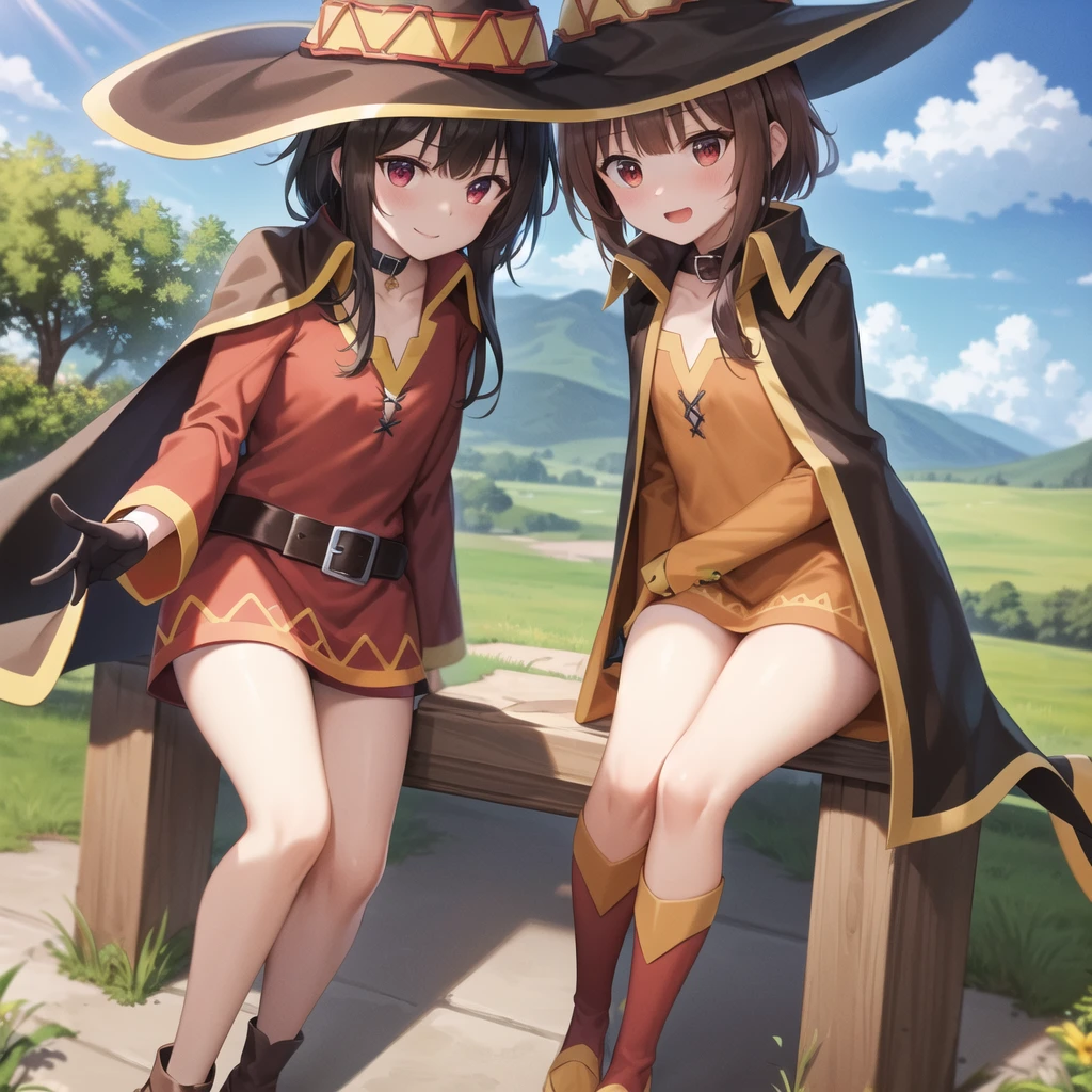 High resolution, 8K, 4K, masterpiece, Beautiful quality, One girl, Red eyes, alone, Brown Hair, Long hair short hair, bangs, Have, witch Have, collarbone, Cape, Black gloves, collar, Small breasts, Megumin, Meguminスタイル, Megumin,Meguminスタイル, Cape, Have, Green Field,