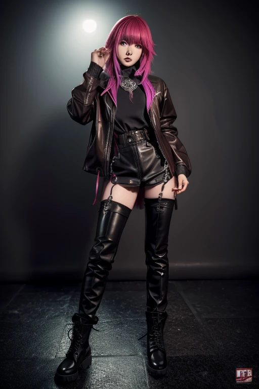 Yaya Myko Genshin, in leather clothes, in a windbreaker, leather jacket, in ankle boots, Goth, rocker in all black stylish rocker art 3D realistic Yaya Miko