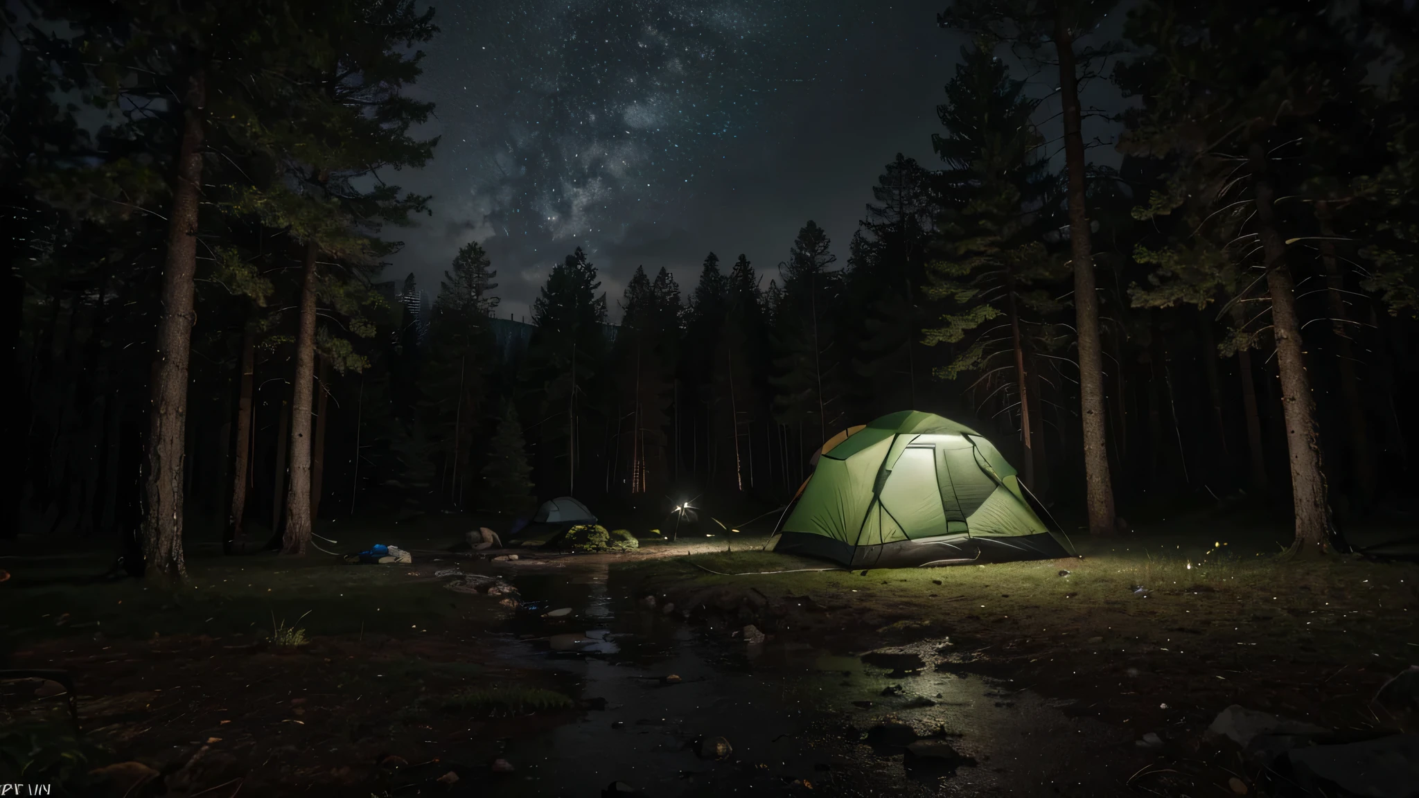 (masterpiece, 8K, UHD, photo-realistic:1.3), camping ground during heavy rain at night, there are several camping tents, in the middle of a dense pine forest during heavy rain at night, the atmosphere is dark during heavy rain at night