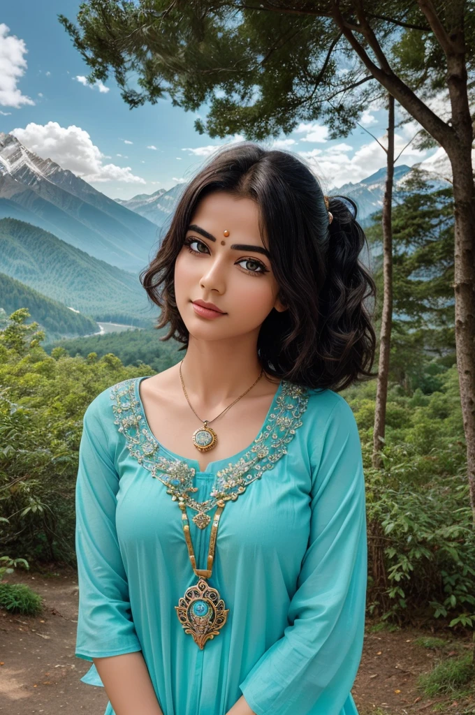 Open both eyes, change the locket in neck to lord Krishna's locket, complete the picture till the bottom, change the background to mountains or forest, change the hairstyle