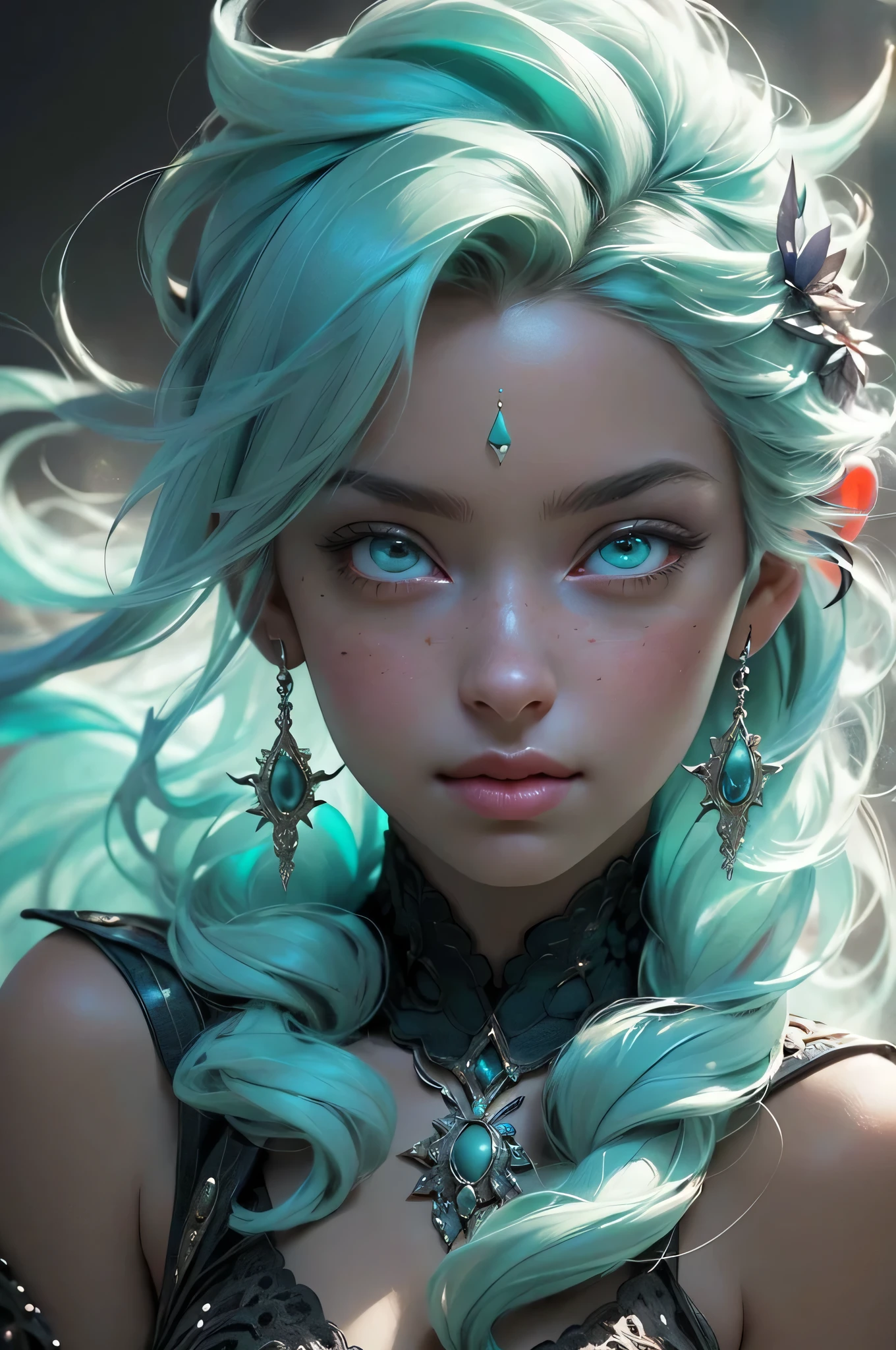 close up face portrait, leaning towards viewer, full frontal, ((masterpiece))), (((best quality))), ((ultra-detailed)), (hyperrealistic), (highly detailed CG illustration), ((an extremely delicate and beautiful)),cinematic light, Create a stunning anime artwork that is currently trending on ArtStation, showcasing exquisite beauty and captivating aesthetics. The art piece should be highly detailed, featuring a compelling character and a visually appealing environment.
The character in the artwork is a graceful and enchanting figure, , radiating an aura of elegance. Pay close attention to intricate facial features, such as mesmerizing eyes with vibrant colors and delicate shading. Hair ((turquoise, long, floating in the air, wrapped around her))).
The character's clothing should be designed with elaborate patterns, flowing see-through fabrics, lace, and rich textures, reflecting a blend of fantasy and contemporary fashion. turquoise and black, flowing in air, cleavage,.
Place the character in a captivating ethereal environment that enhances the overall appeal of the artwork. a mystical realm filled with magical elements. Incorporate vibrant colors, dynamic lighting, and detailed background elements to create a sense of depth and immersion.
Consider the latest trends in anime art, such as incorporating unique lighting effects, exploring creative composition techniques, or experimenting with unconventional color palettes.
Take inspiration from the top artists on ArtStation and their exceptional execution of various art styles and themes. Camera: Choose an angle that highlights the character's beauty and the immersive environment. Lighting: Utilize atmospheric lighting techniques to create depth and mood. Resolution: Aim for a high-resolution artwork to showcase intricate details and clarity. Art Inspirations: Seek inspiration from the trending artists on ArtStation, exploring different styles, genres, and themes.