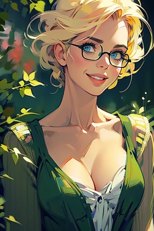 ((close-up of woman's face:1.4)),(getting excited),(sulttry gaze, moan:1.2),(realistic illustration). cute 27 yo ((blonde:1.3)) Caucasian woman with green eyes. Sexy (chubby:0.7) figure, natural breasts, beautiful ass. Eyeglasses, cardigan, black floral print sundress, Masterpiece, (highly detailed:1.2),(detailed face and eyes:1.2), 8k wallpaper, cinematic lighting. core shadows, high contrast, bokeh.