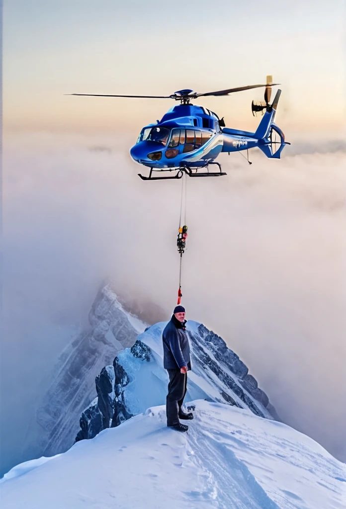 Sergei Taboritsky, man on the mountain, The top of the mountains, helicopter in the background, winter, fog, пальто