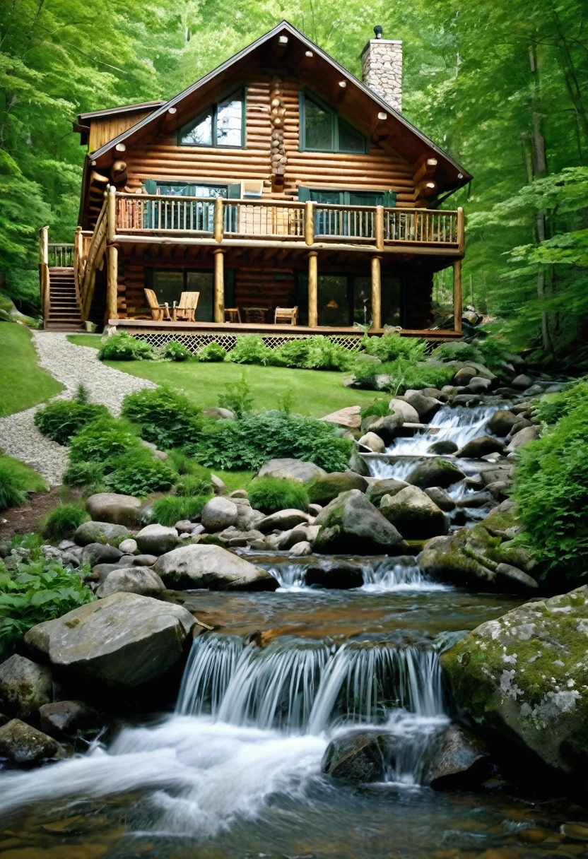 A cozy log cabin, nestled on the banks of a babbling brook, offers a serene escape from the hustle and bustle of everyday life. The cabin's rustic charm is enhanced by the surrounding lush greenery and the sparkling waters of the stream. The addition of a private hot tub on a wooden deck overlooking the brook adds a touch of luxury to this idyllic retreat.