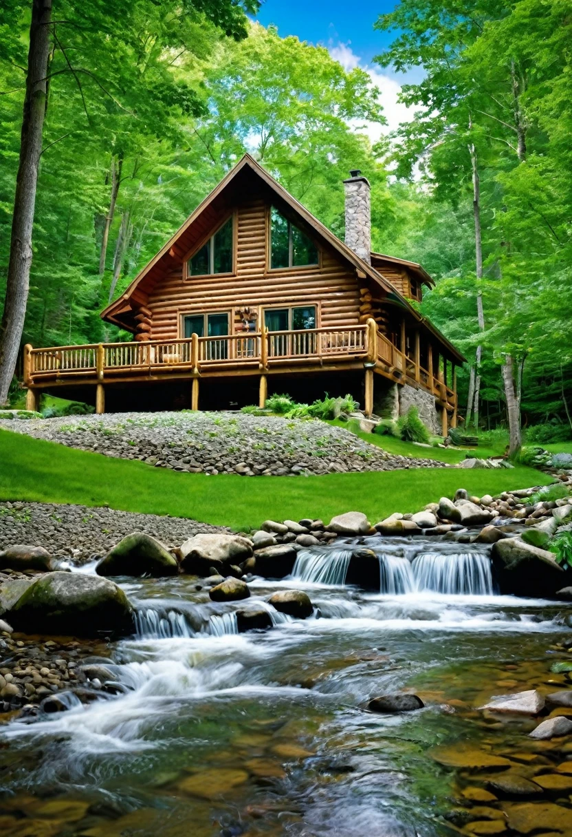 A cozy log cabin, nestled on the banks of a babbling brook, offers a serene escape from the hustle and bustle of everyday life. The cabin's rustic charm is enhanced by the surrounding lush greenery and the sparkling waters of the stream. The addition of a private hot tub on a wooden deck overlooking the brook adds a touch of luxury to this idyllic retreat.