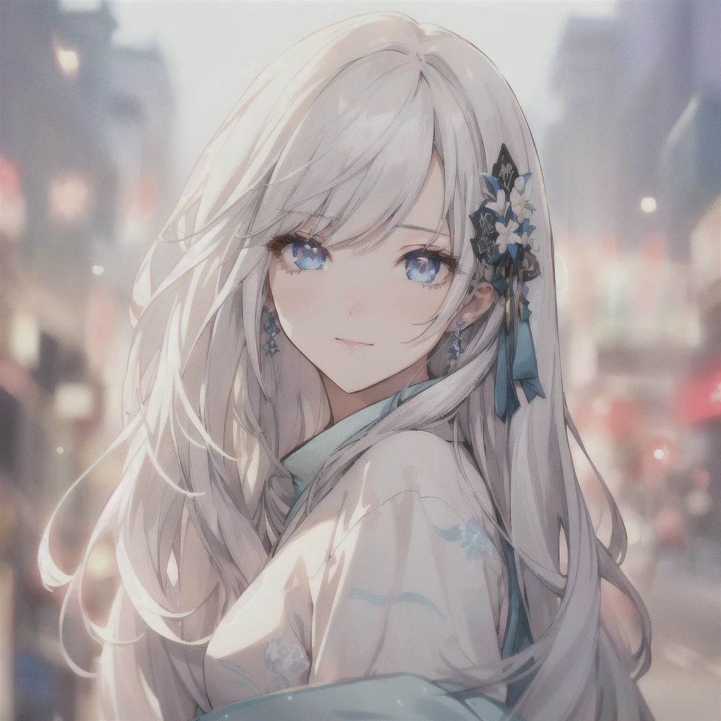 Anime girl with long white hair and blue eyes in the city, White-haired God, Beautiful anime portraits, Detailed portrait of an anime girl, Perfect white hair girl, Beautiful Anime Girls, Beautiful Anime Women, White Hair Girl, Cute Anime Girl Portrait, palace ， Girl in Hanfu, From Girls Frontline, guweiz on pixiv artstation, ”Beautiful Anime Women