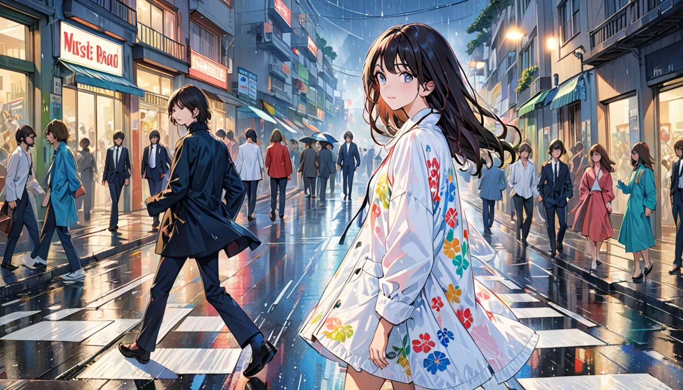 cover of the Beatles' Abbey Road album;(masterpiece, top quality, best quality, official art, beautiful and aesthetic:1.2), girl, alone in the rain with a jacket in a dark Rio de Janeiro city, extreme detailed,highest detailed, optical mixing, playful patterns, lively texture, unique visual effect