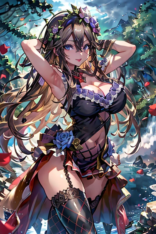arms up behind, seductive smile,smile, Open your mouth,Shy laugh,Rosetta,(Huge hips:1.2),(Huge breasts, Glamour:1.2),Purple rose head dress,Ahoge,purple rose decoration,
((Highest quality)), ((masterpiece)),(detailed),High resolution,Sharp focus,Perfect Face,One girl,(complete anatomy),
(非常にdetailed CG unity 8k wallpaper),(((Vibrant colors))),{best illustration},Perfect Fingers,
shiny 肌,very shiny 肌,Shiny body,plastic glitter 肌,exaggerated shiny 肌,illuminated skin,
Beautiful Eyes,Symmetrical eyes,Big eyes:1.5,Seductive eyes,(erection of nipple),
((detailedなボディ)),(detailedな顔)), cute,Lewd,erotic,Bold,Adult,Long legs,Mature Woman,
(Rose petals flying, 超High resolution),Wear an iridescent aura,
Invisible Light, Amazing shine, Neon purple glow, The colors of another world,Bright colors, Ghostly Effects,
Cleavage,Shoulder Bare,Garter Straps,gem,Black Opera Gloves,Black Dress,Black fishnet stockings,
紅いgemの付いた首飾り,
((Island above the clouds)(Floating:1.5)),A river that flows through the center of the island,Cascading Waterfall,Vast grassland,There's a haze in the distance,
Beyond the Clouds,reflection,Breathtakingly beautiful clouds,Dazzling Light,altostratus,Majestic Landscape,