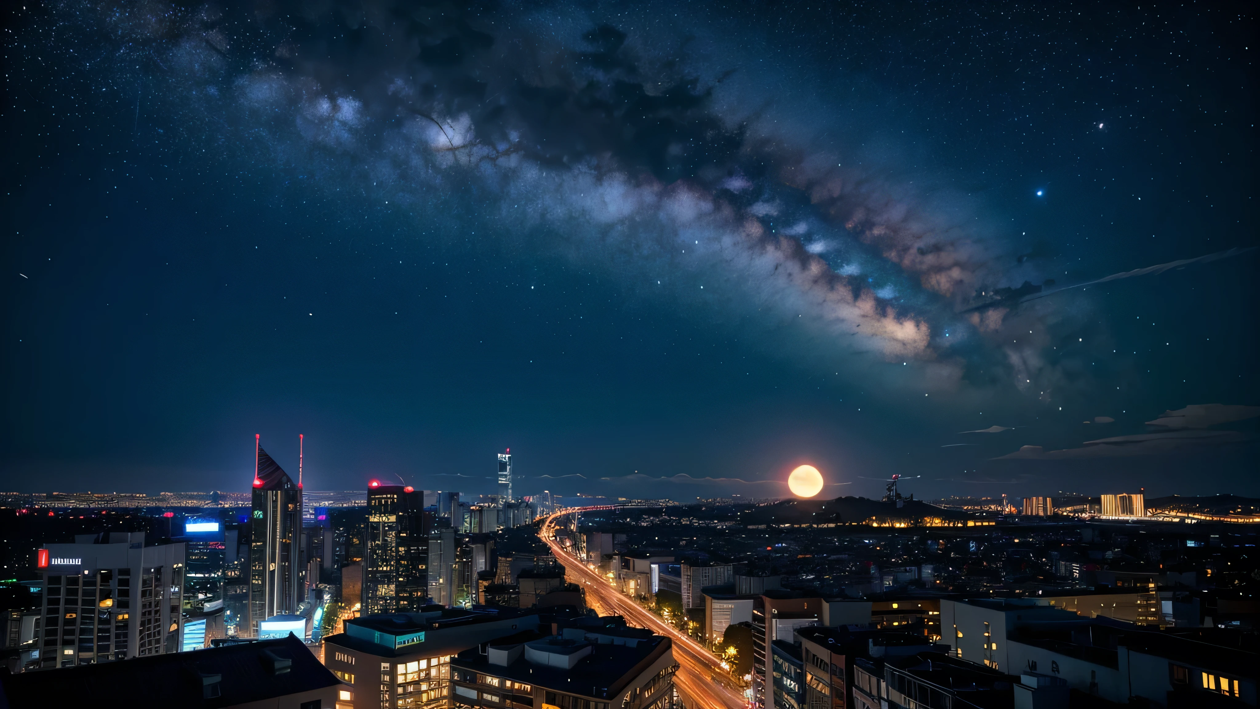Wonderful landscape、Highest quality、Cityscape、Including sky、Starry Sky、night、Big Moon、Moonlit cityscape、building、There are no people, Makoto Shinkai's art style, 8