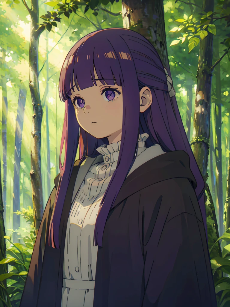 1girl,fern,fern_clothes,angry,puffed cheeks,closed_mouth,forest,looking at viewer,upper_body