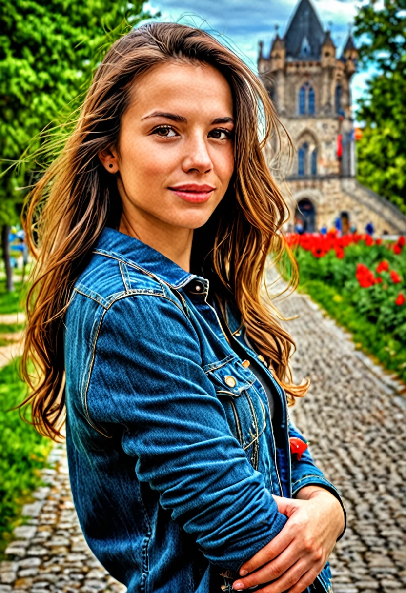 Photo HDR du portrait d'une belle femme israélienne, visage en gros plan, yeux hyper détaillés, peau détaillée avec une texture impeccable délicate et raffinée, cheveux lisses élégamment drapés autour de son cou, Lèvres pleines, porter un t-shirt blanc, et un jean, cascade en arrière-plan, l'éclairage naturel accentue sa beauté naturelle, mise au point ultra nette, bokeh, style de Jovana Rikalo, . Plage dynamique élevée, vif, détails riches, effacer les ombres et les reflets, réaliste, intense, contraste amélioré, très détaillé