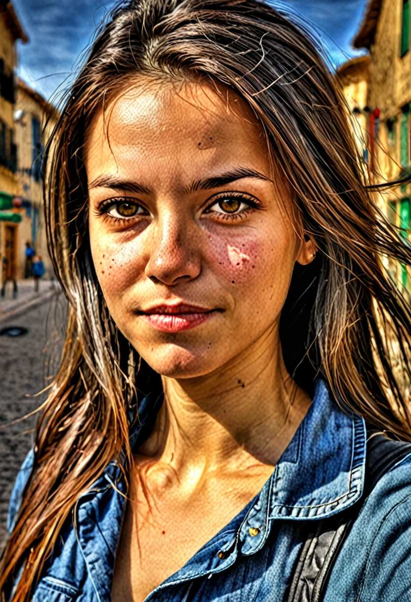 Photo HDR du portrait d&#39;une belle femme israélienne, visage en gros plan, yeux hyper détaillés, peau détaillée avec une texture impeccable délicate et raffinée, cheveux lisses élégamment drapés autour de son cou, Lèvres pleines, porter un t-shirt blanc, et un jean, cascade en arrière-plan, l&#39;éclairage naturel accentue sa beauté naturelle, mise au point ultra nette, bokeh, style de Jovana Rikalo, . Plage dynamique élevée, vif, détails riches, effacer les ombres et les reflets, réaliste, intense, contraste amélioré, très détaillé