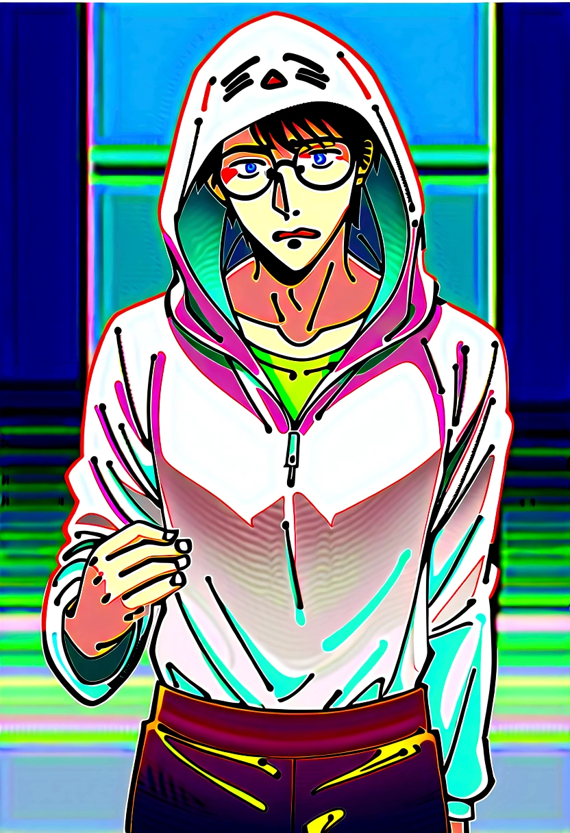 male focus, solo, ikemen, mature, male only, teen, scared, eyes fix, flat chest, sturdy waist, 15 years old, ghost fan, ghost hoodie, round glasses, tired, looking at viewer