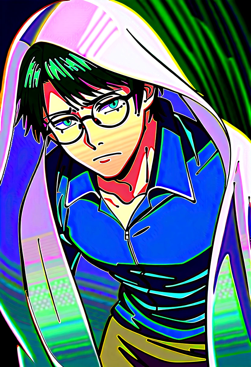 male focus, solo, ikemen, mature, male only, , scared, eyes fix, flat chest, sturdy waist, 15 yost fan, ghost hoodie, round glasses, tired, looking at viewer