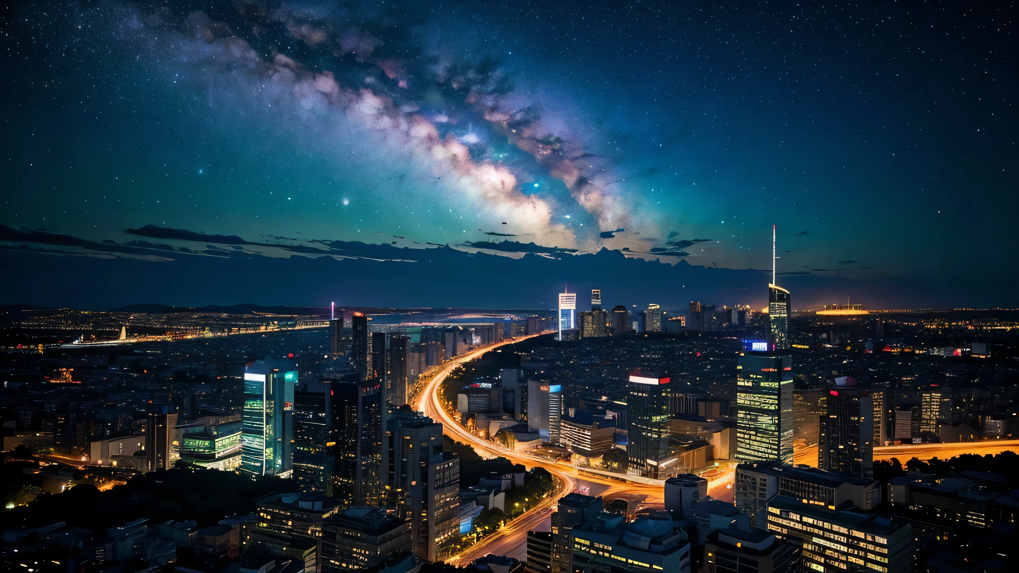 Wonderful landscape、Highest quality、Cityscape、Including sky、Starry Sky、night、Big Moon、Moonlit cityscape、building、There are no people, Makoto Shinkai's art style, 8