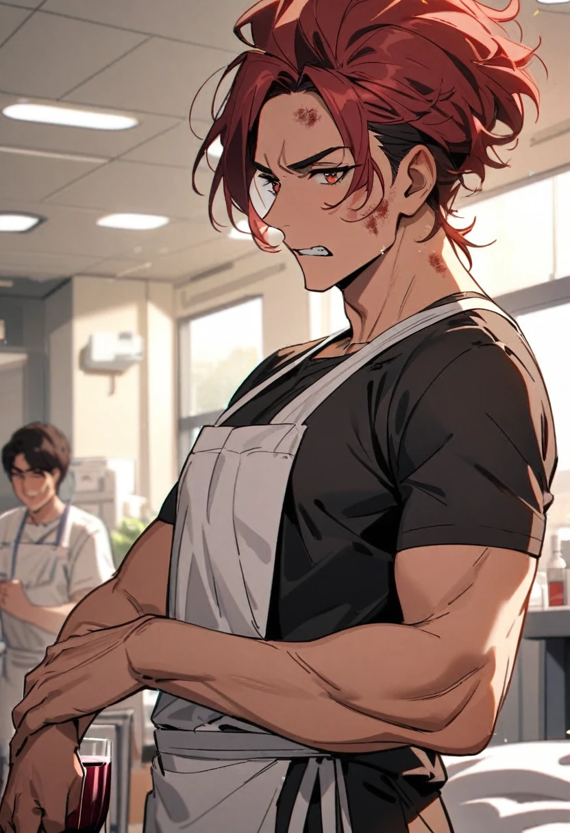 man, 32 years, black and wine red hair,, amber eyes, marked musculature, formed jaw, elegant clothes, full medical apron, In the background I would be in a hospital, well drawn, detailed hands, well done body
