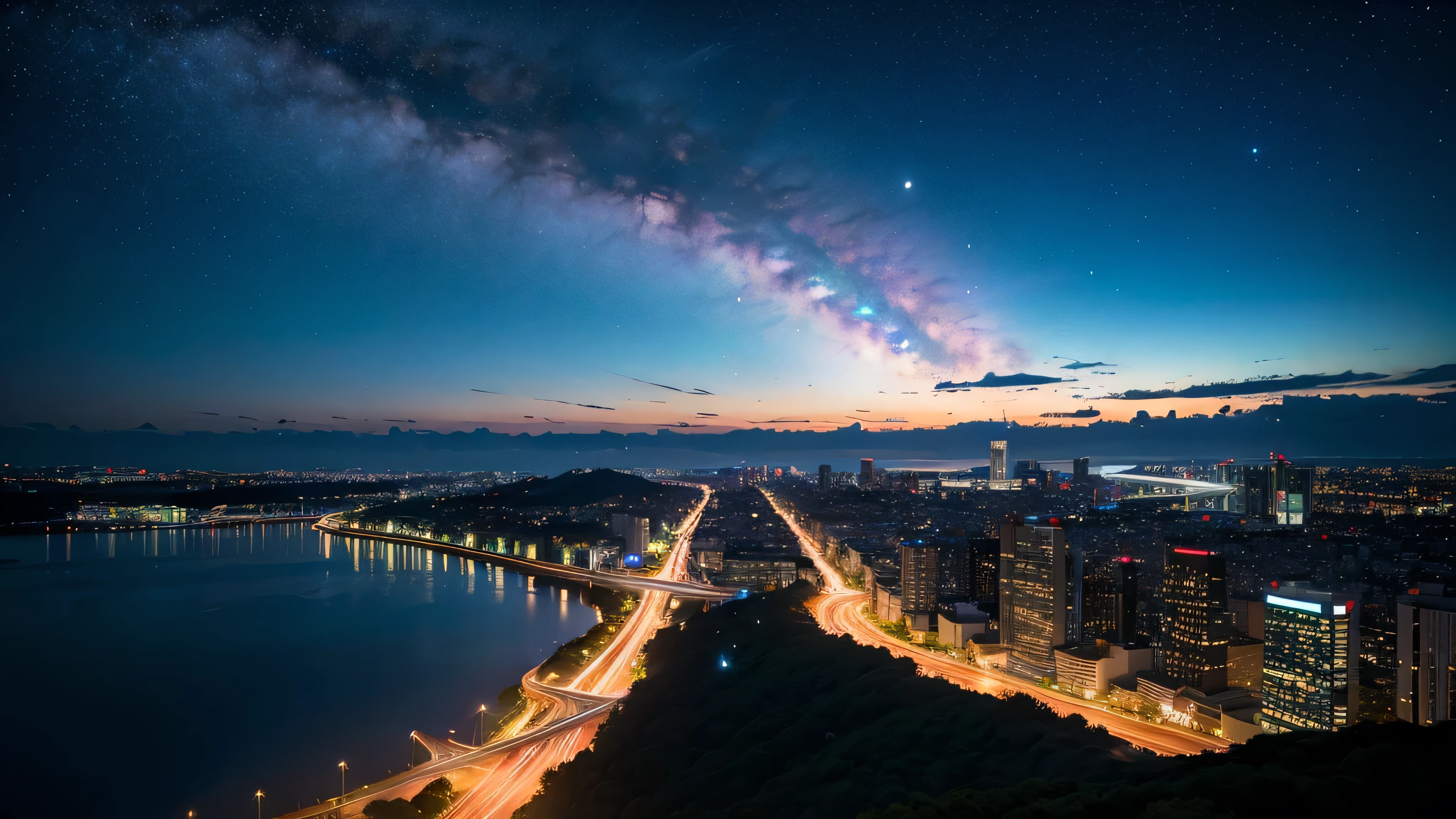 Wonderful landscape、Highest quality、Cityscape、Including sky、Starry Sky、night、Big Moon、Moonlit cityscape、building、There are no people, Makoto Shinkai's art style, 8