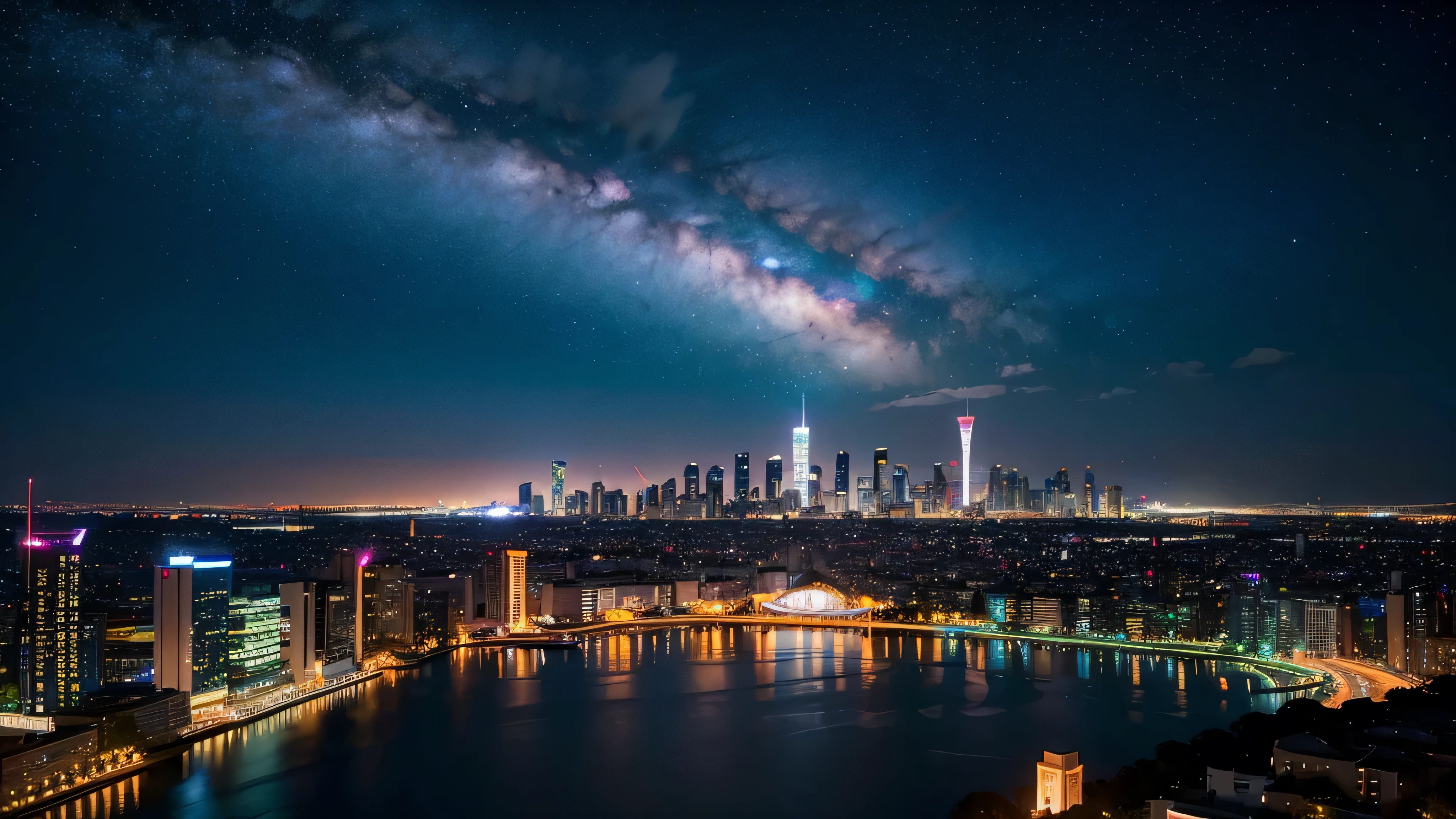 Wonderful landscape、Highest quality、Cityscape、Including sky、Starry Sky、night、Big Moon、Moonlit cityscape、building、There are no people, Makoto Shinkai's Worldview, 8K quality, Neon glows, Breathtakingly beautiful scenery,
